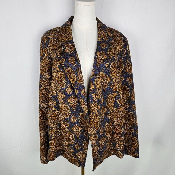 Logo By Lori Goldstein Blazer XL Baroque Print Ponte Knit Navy Gold - Picture 1 of 13